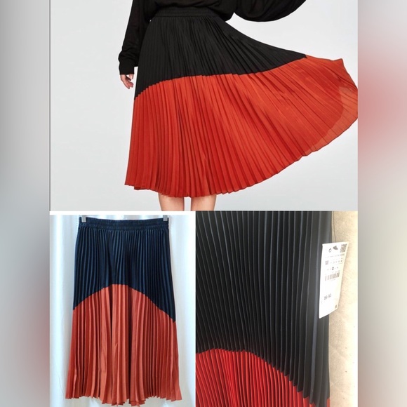NWT ZARA ORANGE BLACK COLOR-BLOCK PLEATED (0787) - Picture 4 of 11